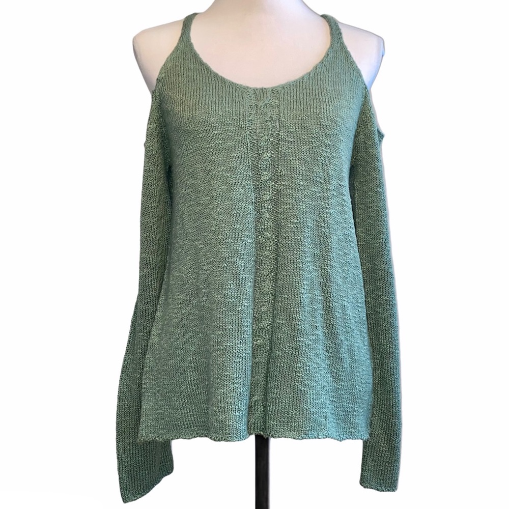 3/$30 Pink Republic Boho Cold Shoulder Sweater Crochet Knit Antique Moss Green M